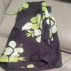 Old Navy Boy's Black Floral Swim Trunks with Lime Green and White Hibiscus Print